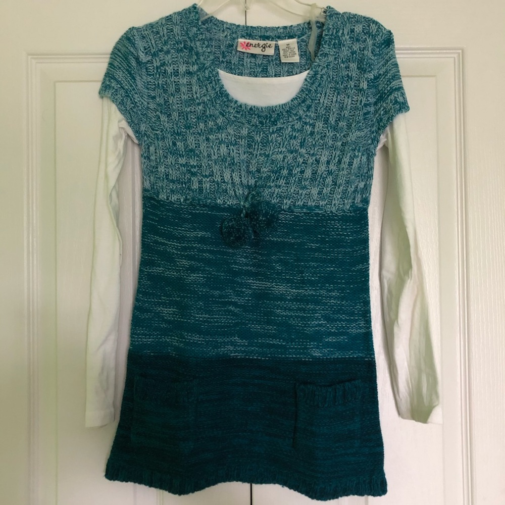 enegie blue sweater dress with pompoms